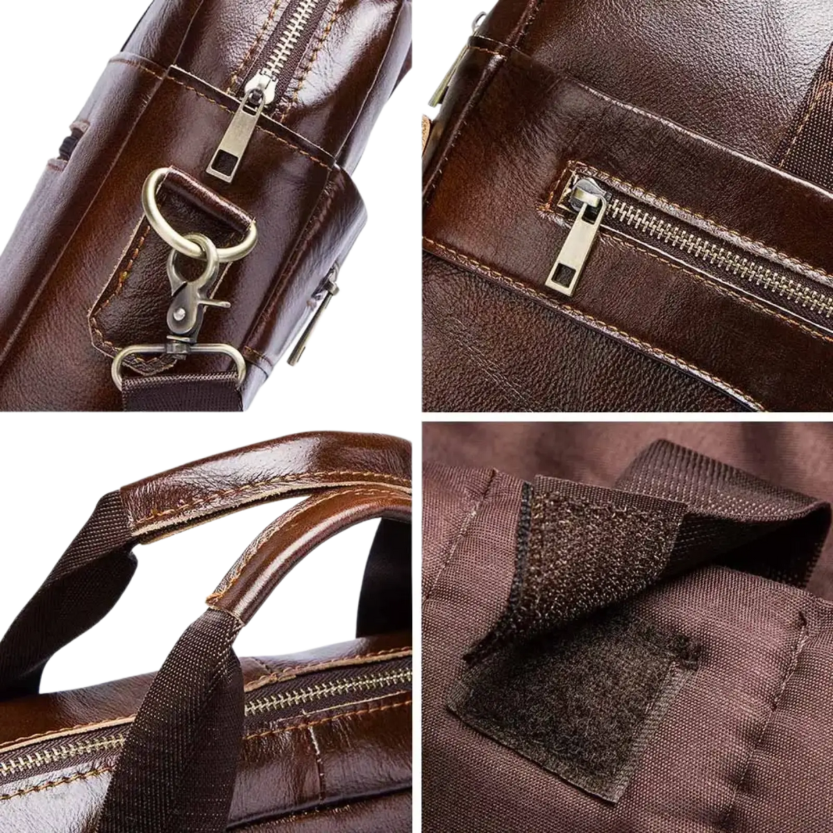 Brown leather men laptop briefcase with silver zippers and metal hardware for business use