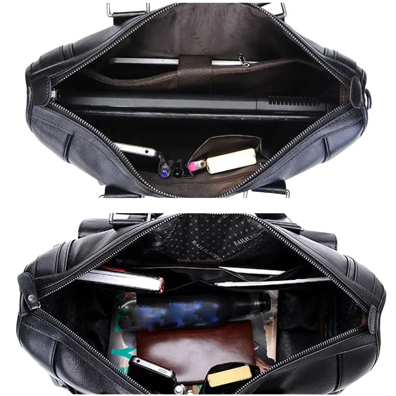 Men leather laptop briefcase in black with multiple compartments and interior pocket for inch laptop protection