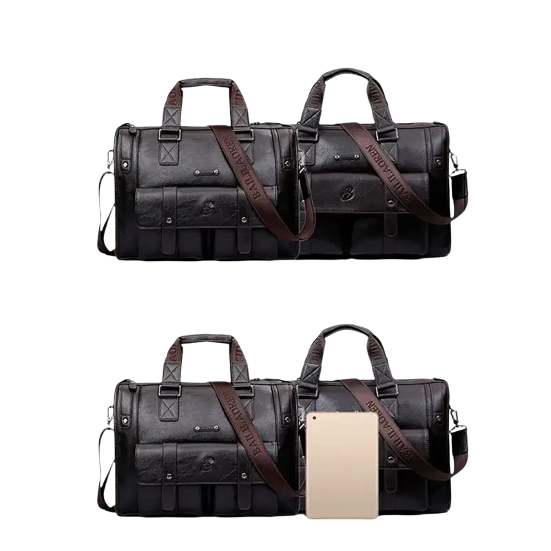 Black leather men laptop briefcase with brown strap and embossed branding featuring interior pocket for inch laptop