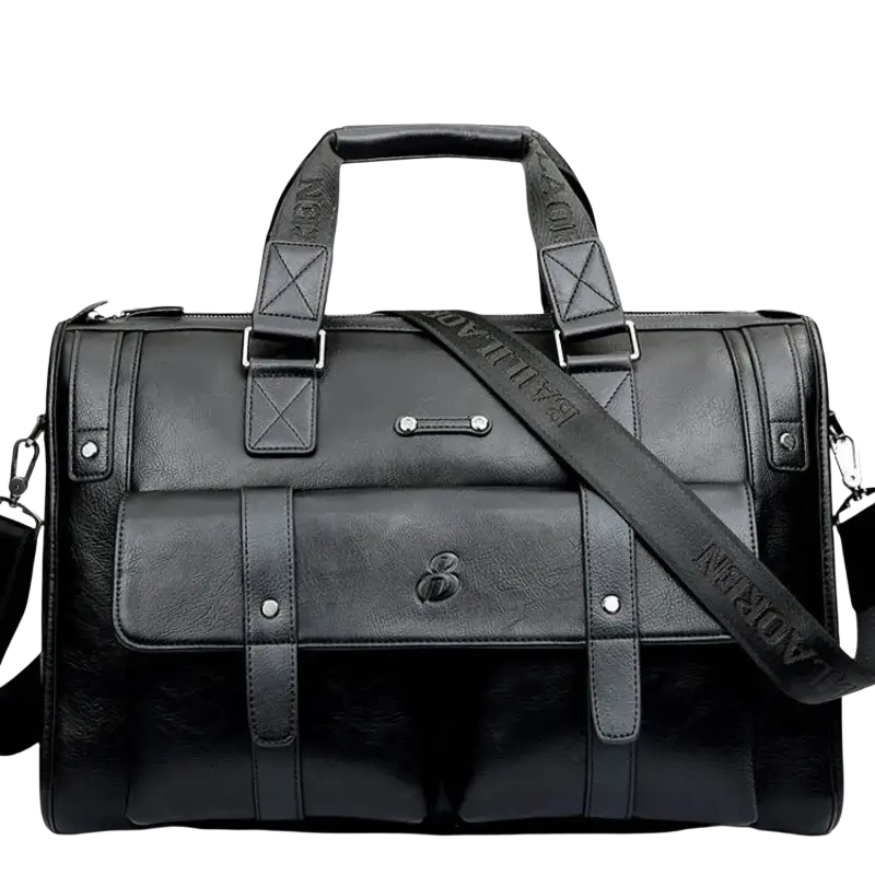 Black leather men laptop briefcase with embossed logo, adjustable strap, and pocket interior for inch laptop storage