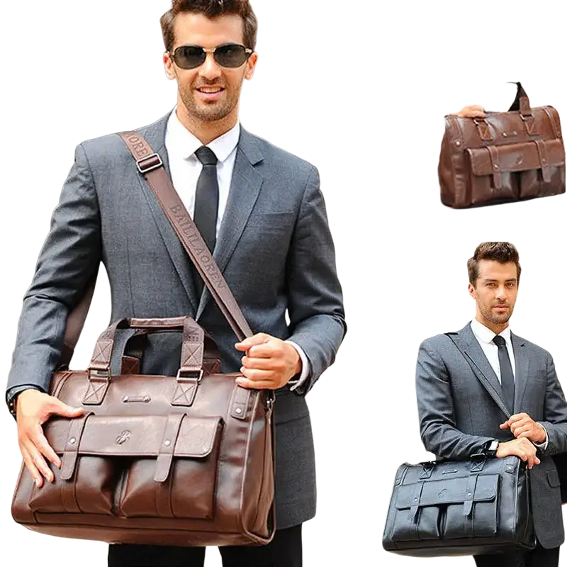 Brown leather men laptop briefcase with multiple flap pockets and sturdy shoulder strap featuring pocket interior for inch laptop