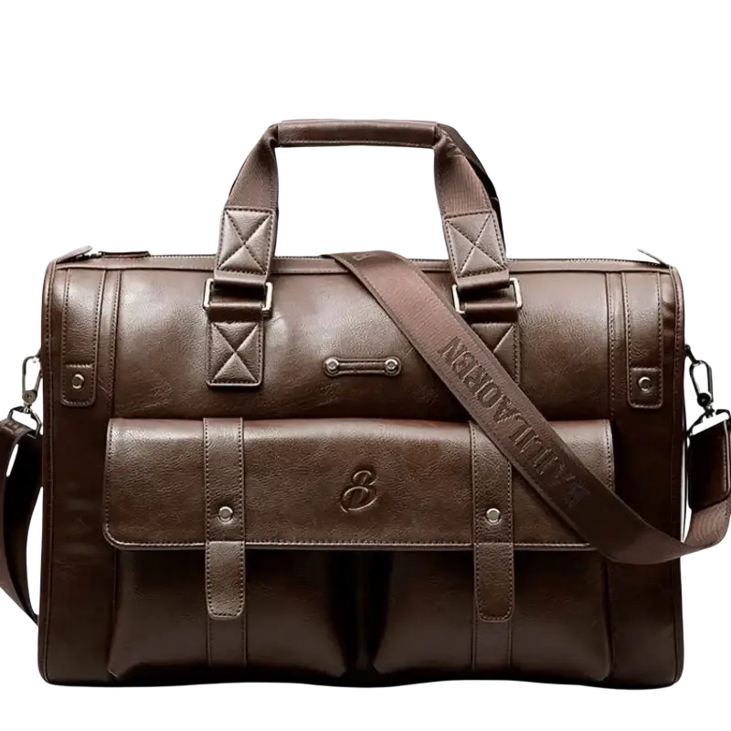 Men leather laptop briefcase in brown with quilted top handle, adjustable strap, metal buckles, and pocket interior for inch laptop