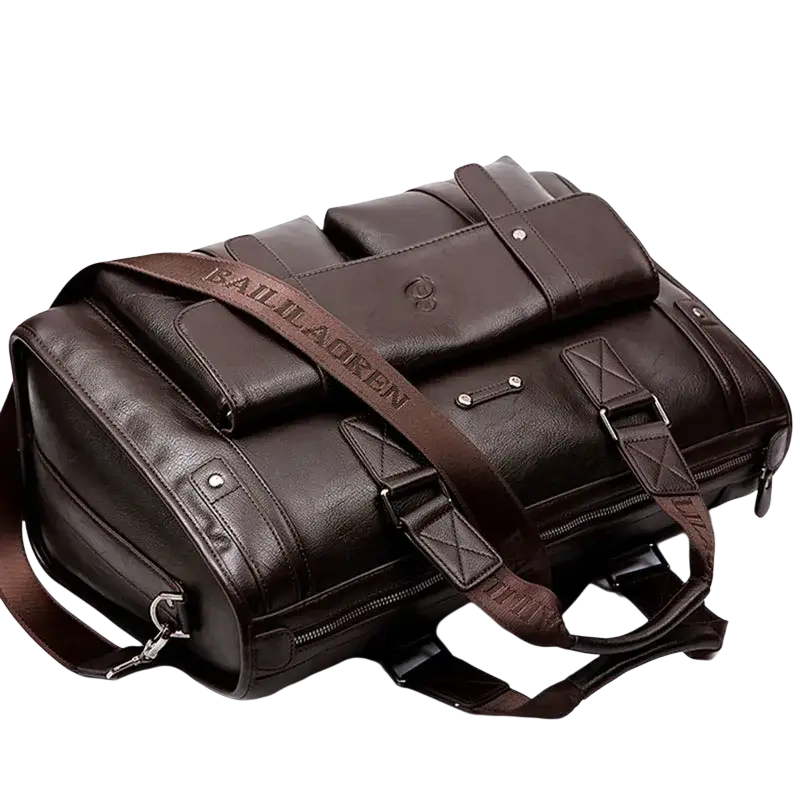 Brown leather men laptop briefcase with adjustable shoulder strap multiple compartments and interior pocket for inch laptop