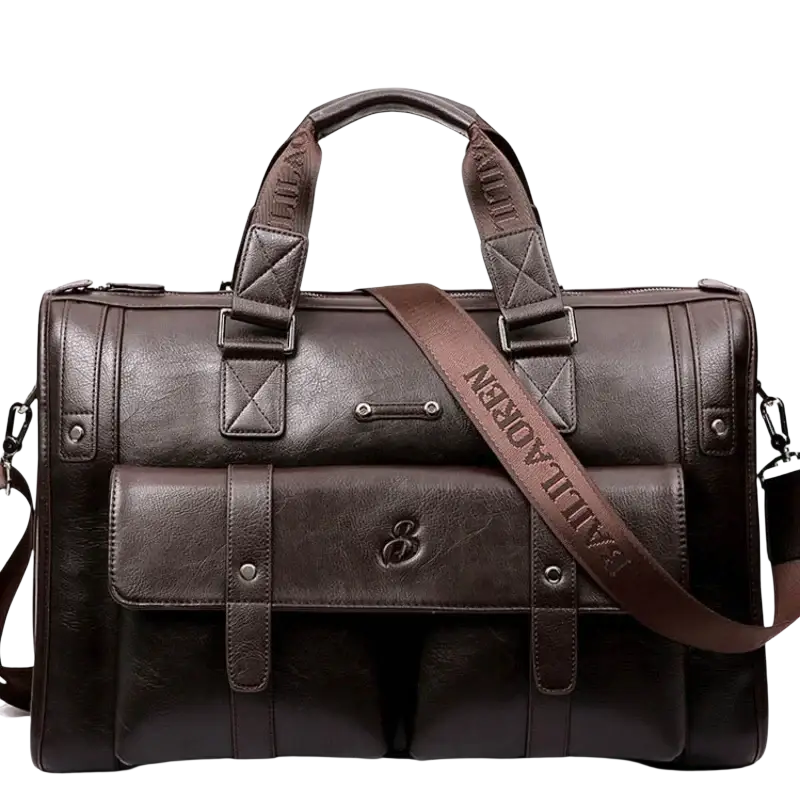 Brown leather men laptop briefcase with quilted handles, brand name strap, and pocket interior for inch laptop