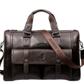 Brown leather men laptop briefcase with quilted handles, brand name strap, and pocket interior for inch laptop