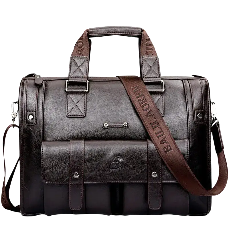 Dark brown leather men laptop briefcase with adjustable strap and embossed branding featuring pocket interior for inch laptop