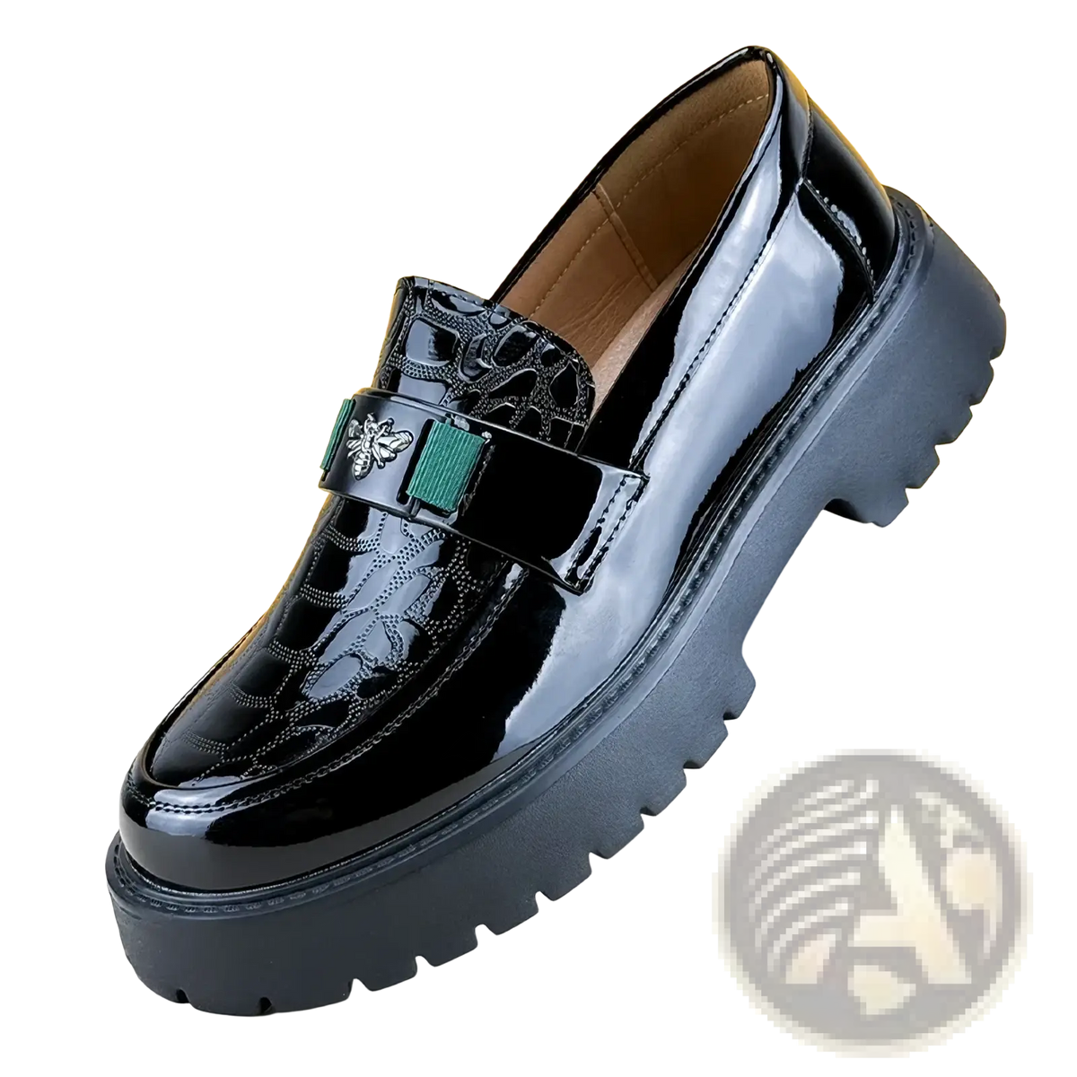 Black patent leather men loafers with glossy crocodile embossing green strap and metallic bee emblem for formal use