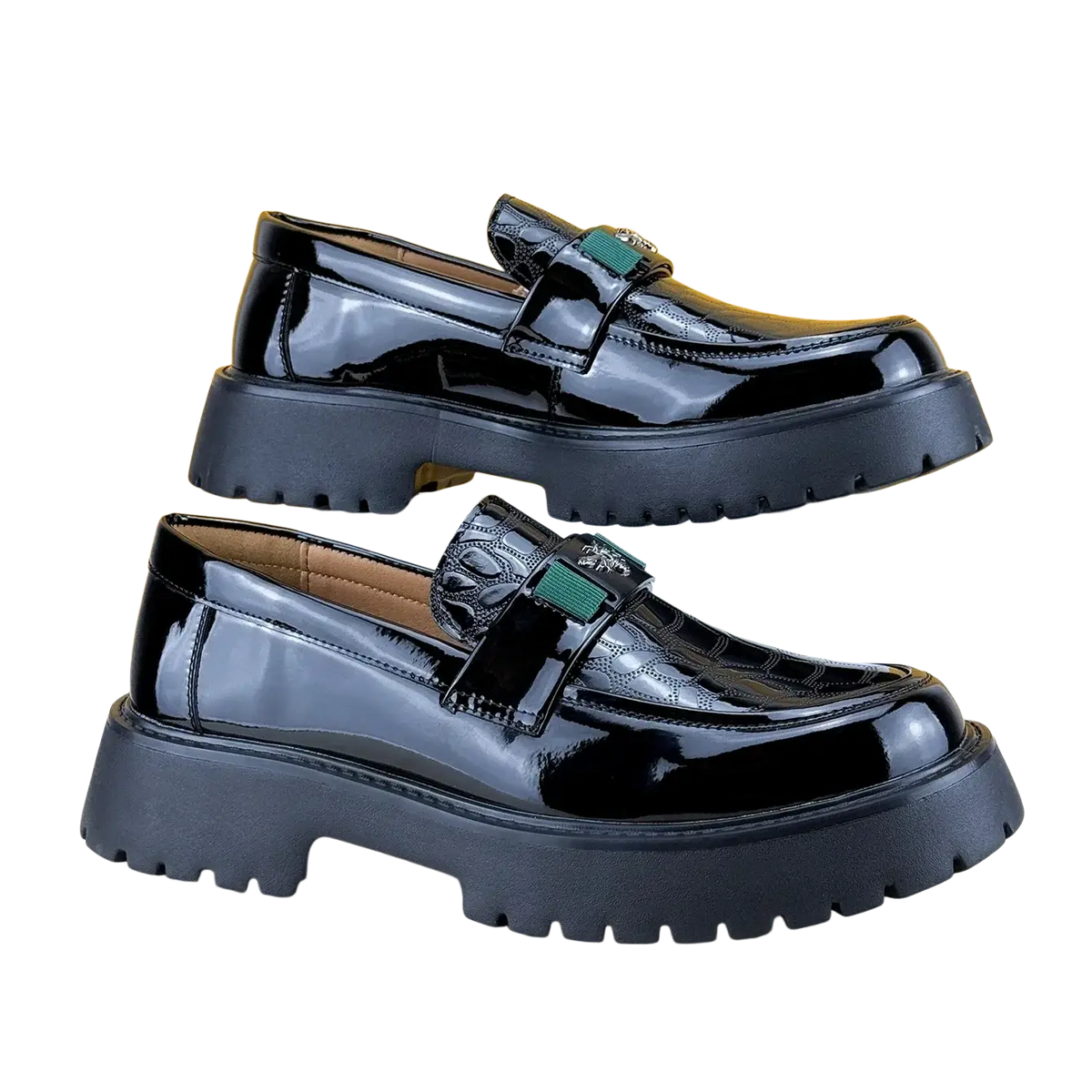 Men leather loafers dress shoes in black patent leather with chunky rubber soles and green metallic buckle accents