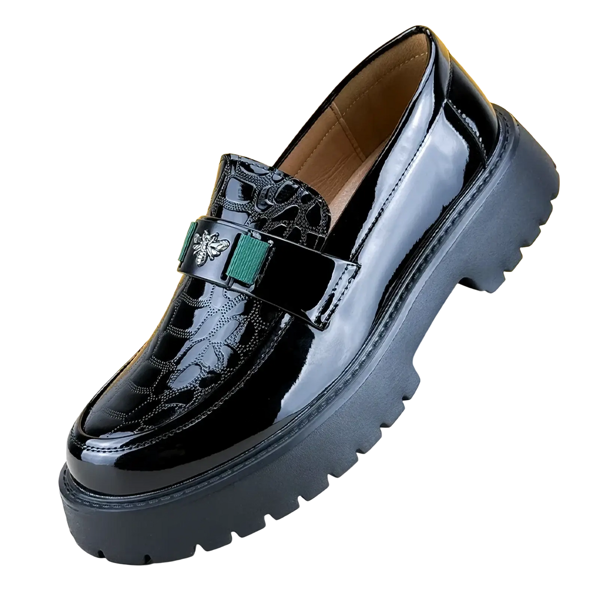 Black patent leather men loafers with glossy crocodile embossing green strap and metallic bee emblem for formal use