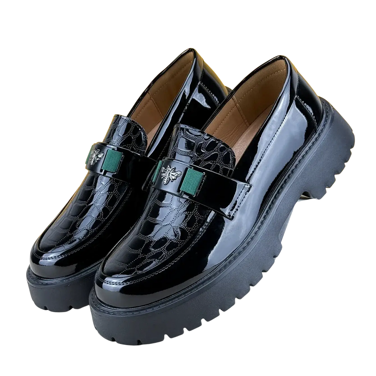 Men leather loafers dress shoes in black patent leather with glossy crocodile texture and green silver bee embellishments