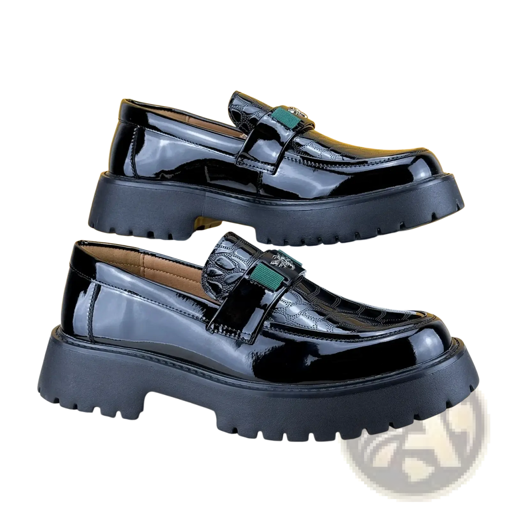 Men leather loafers dress shoes in black patent leather with chunky rubber soles and green metallic buckle accents