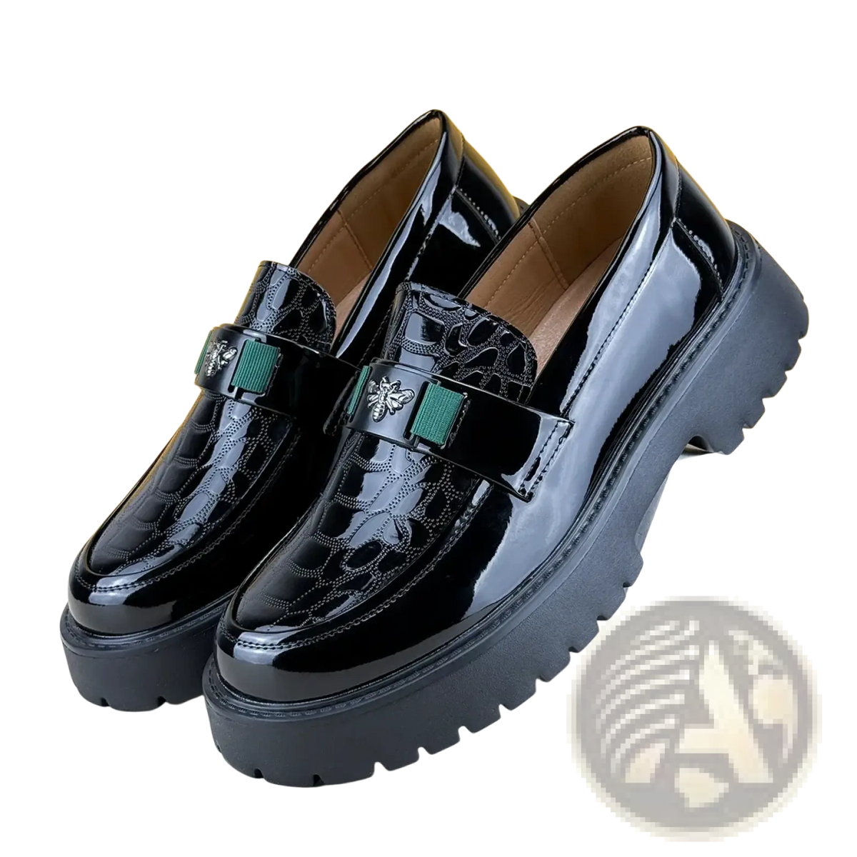 Men leather loafers dress shoes in black patent leather with glossy crocodile texture and green silver bee embellishments