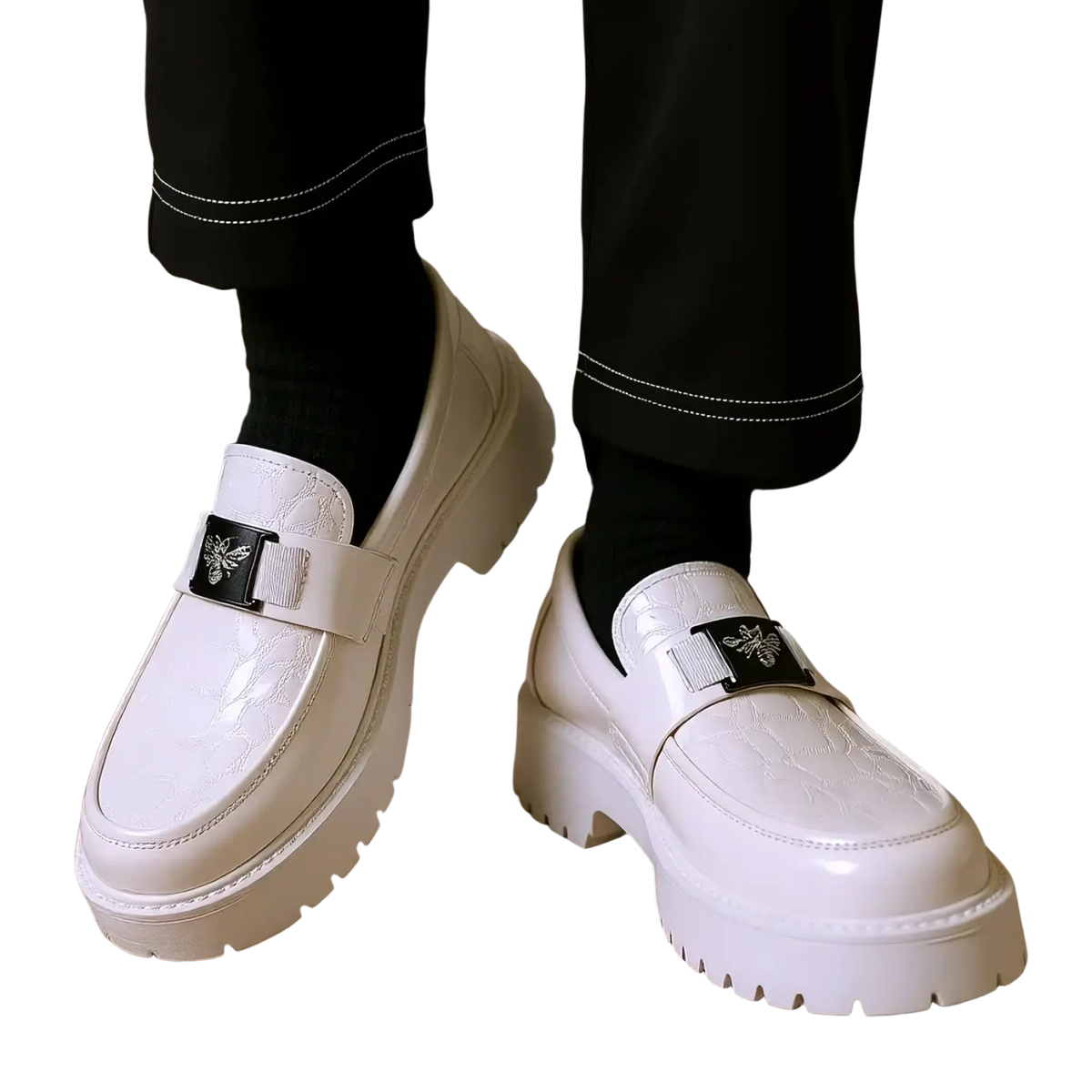 Men leather loafers dress shoes in white leather with glossy finish embossed patterns and black bee metal buckles