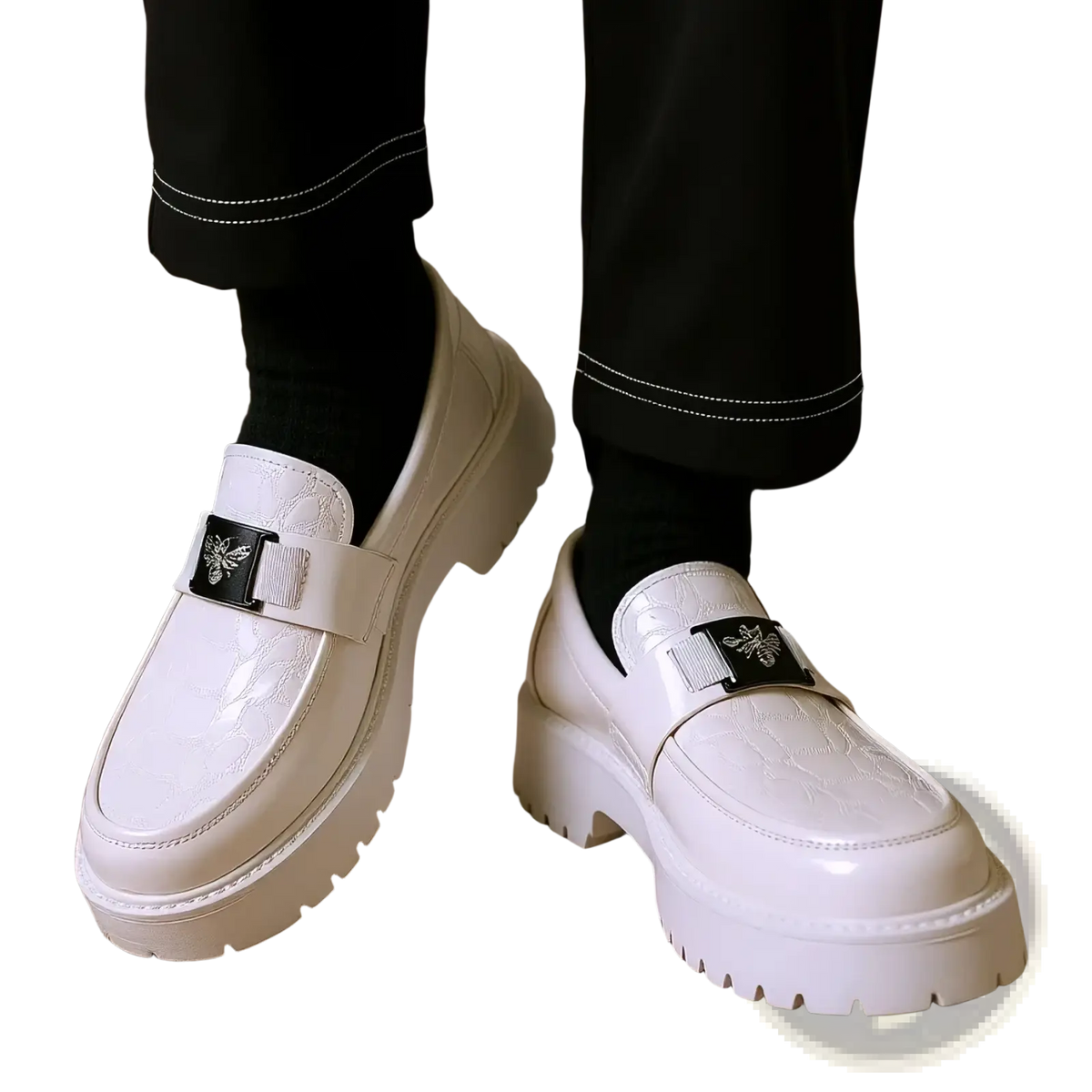 Men leather loafers dress shoes in white leather with glossy finish embossed patterns and black bee metal buckles