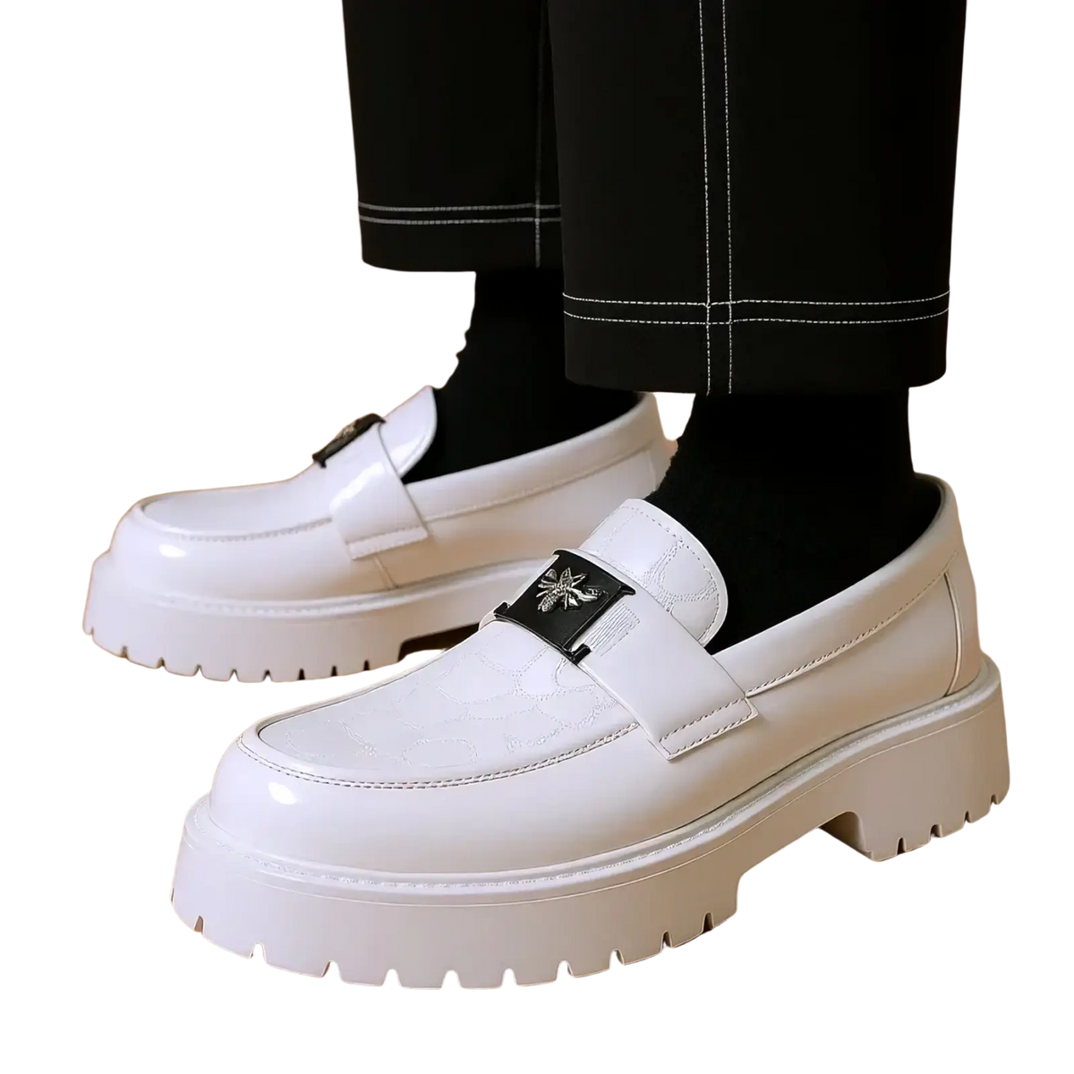 Men leather loafers dress shoes white patent leather with textured pattern and black metal buckles for business formal use