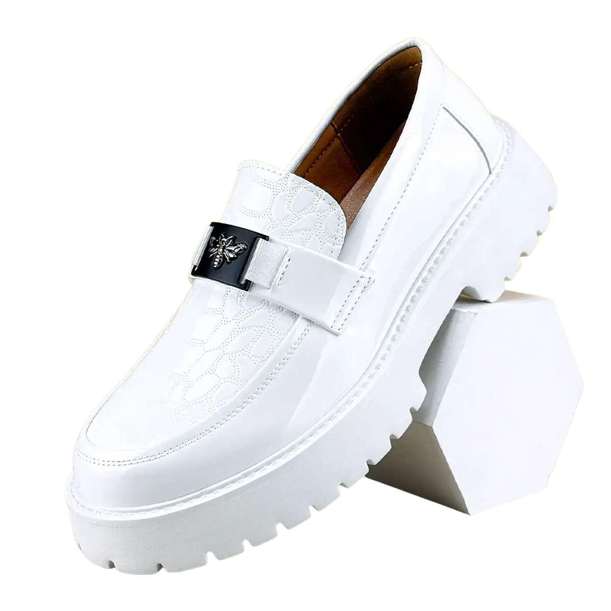 Men leather loafers dress shoes in white patent leather with textured crocodile pattern and black bee emblem on strap