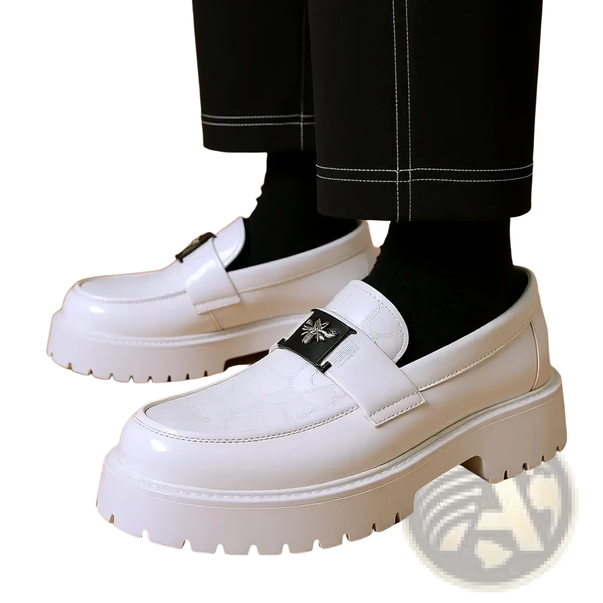 Men leather loafers dress shoes white patent leather with textured pattern and black metal buckles for business formal use