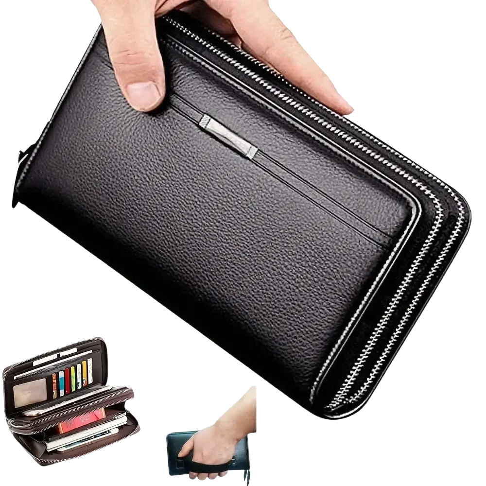 Men leather long wallet card holder in black textured leather with silver zipper and interior slot pocket