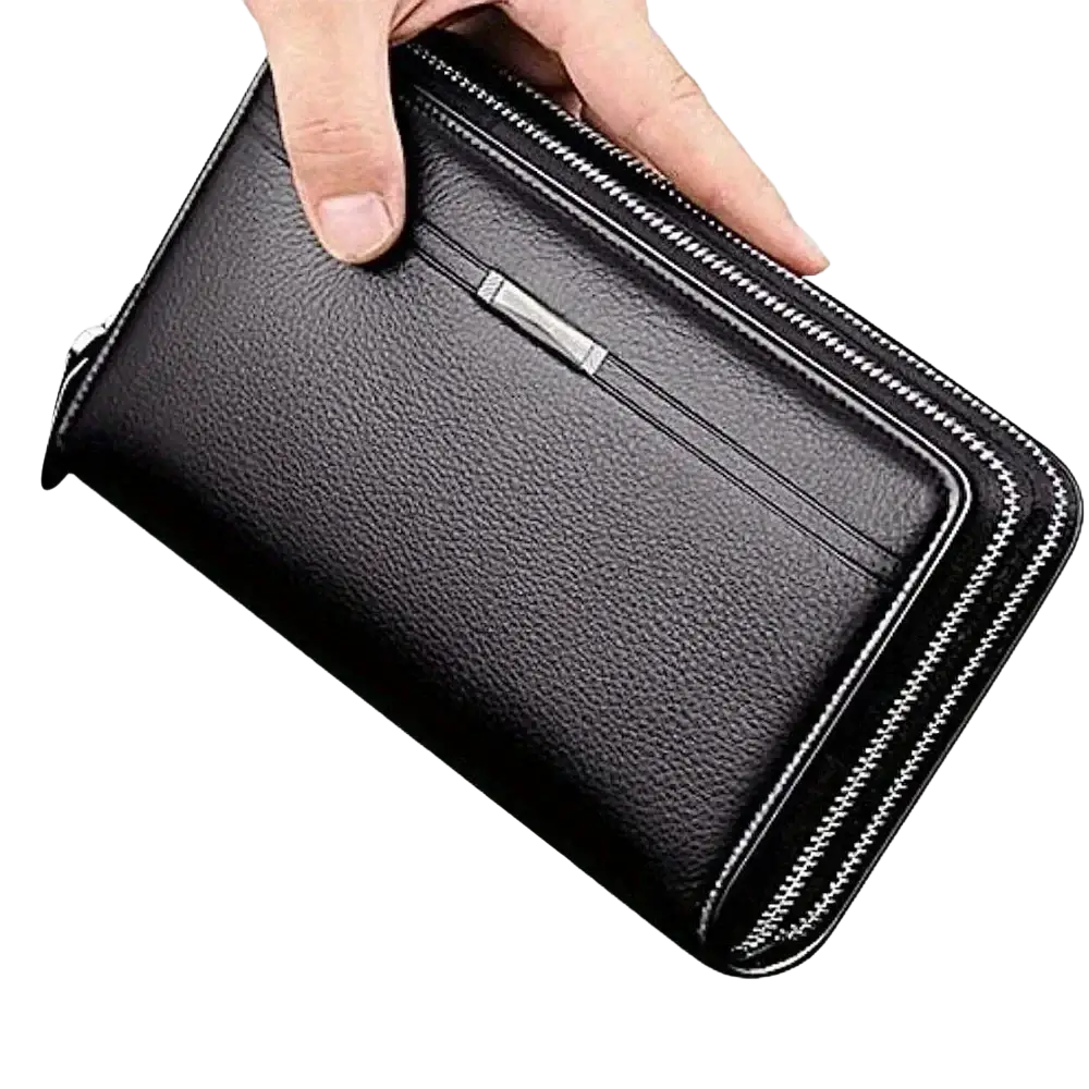 Black textured leather men leather long wallet card holder with silver zipper and interior slot pocket design