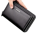 Black textured leather men long wallet card holder with silver zipper and interior slot pocket for organized cards
