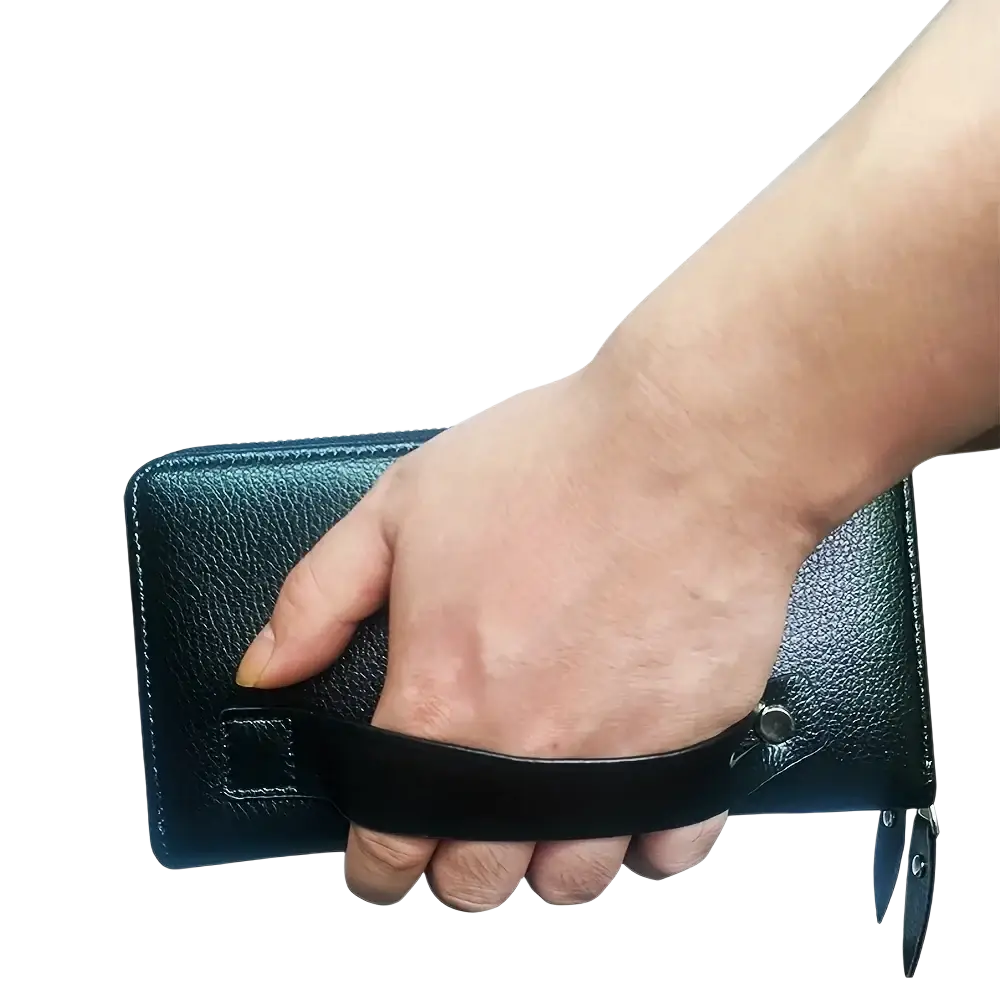 Black textured leather men long wallet card holder with wrist strap and interior slot pocket for organized storage