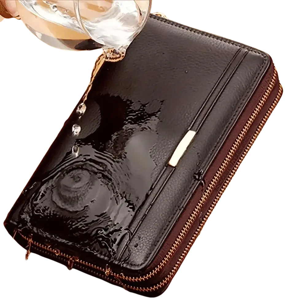 Men leather long wallet card holder in black with gold-toned zipper and interior slot pocket for organized storage