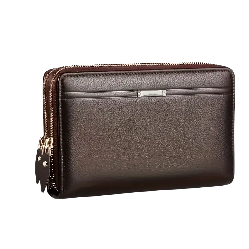 Brown leather men long wallet card holder with textured surface, dual zippers, metallic accents, and interior slot pocket
