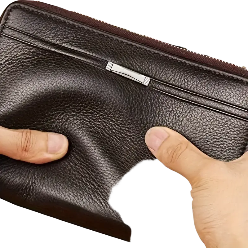 Dark brown textured leather men wallet with silver zipper pull featuring a card holder and interior slot pocket design