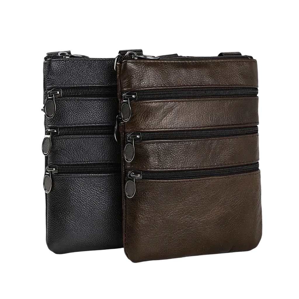 Men leather messenger bag in black and brown featuring three horizontal zippered compartments shoulder bag