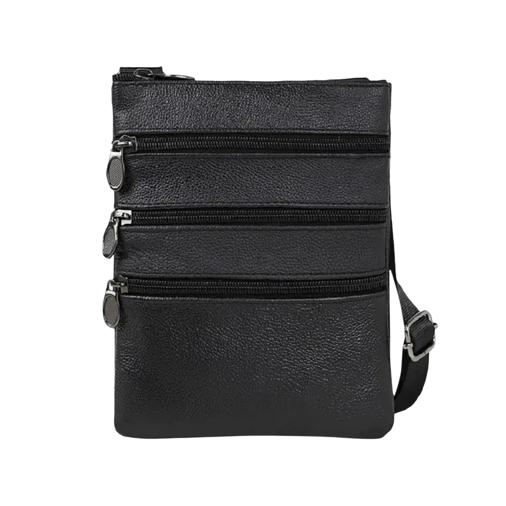Black textured leather men messenger bag with three zippered compartments and adjustable shoulder strap for casual use