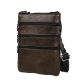 Men leather messenger bag in brown with three zippered compartments and black adjustable shoulder strap for casual use