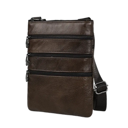Men leather messenger bag in brown with three zippered compartments and black adjustable shoulder strap for casual use