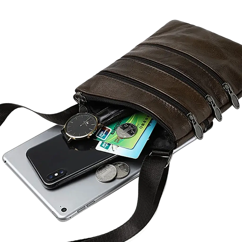 Brown leather messenger bag with multiple zippers and black adjustable strap casual shoulder bag for men