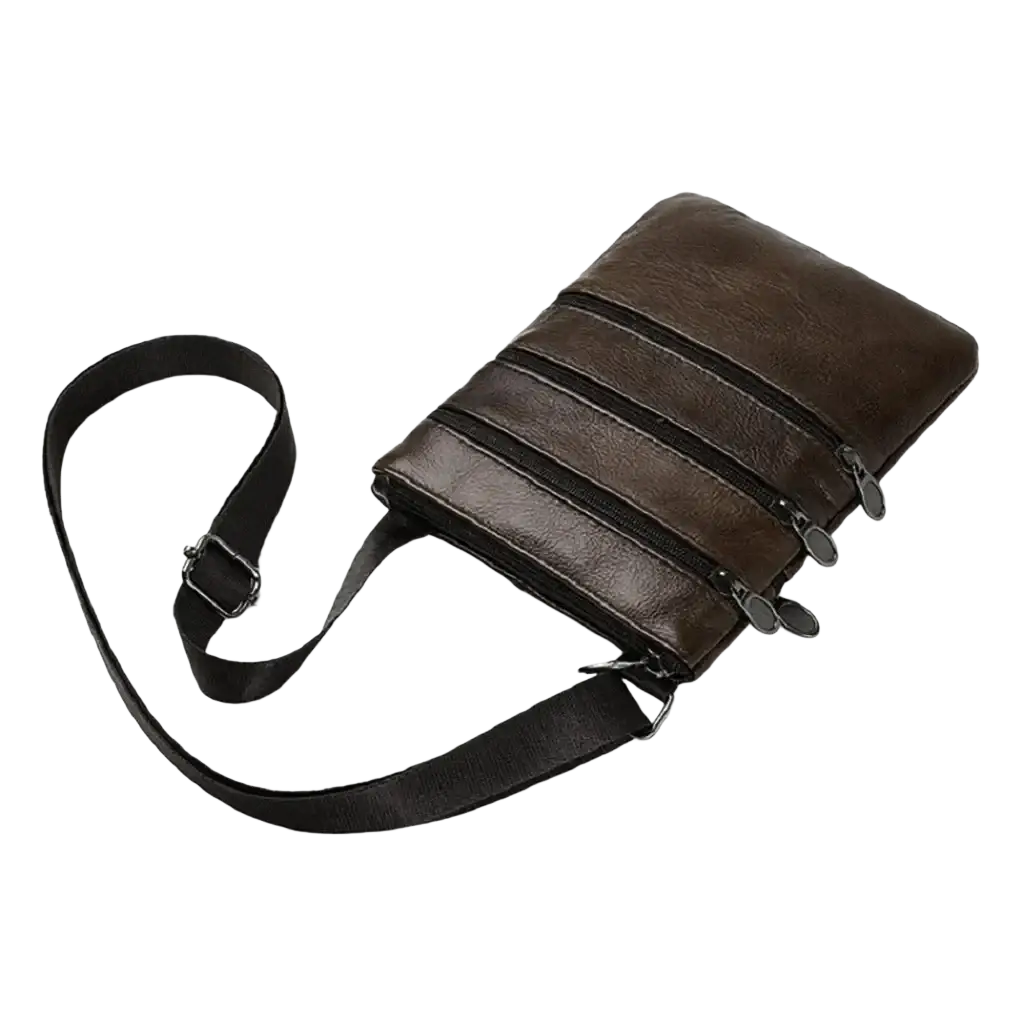 Brown leather men messenger bag with multiple zippers and black adjustable strap casual shoulder bag