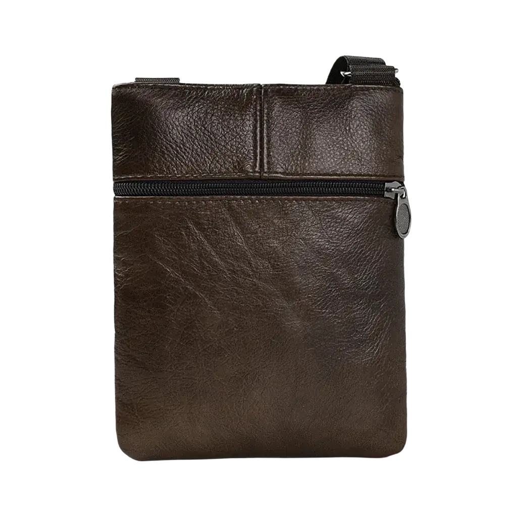 Dark brown leather men messenger bag with black zipper and metal pull tab casual shoulder bag