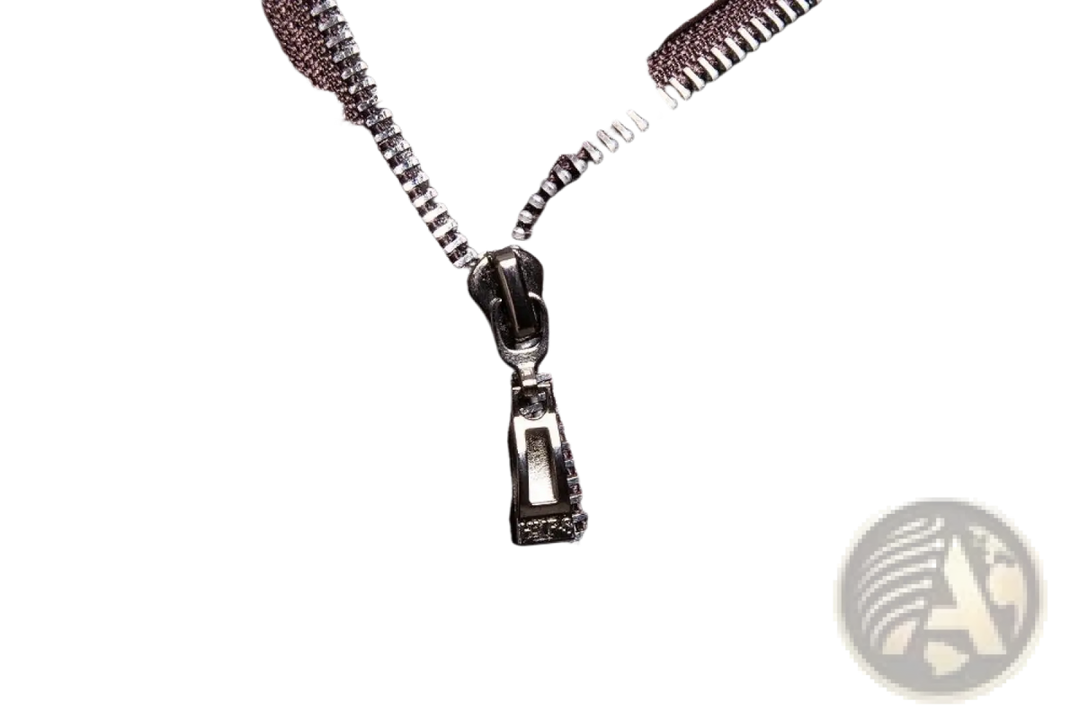 A close-up of a dark brown leather zipper with a silver metal pull tab on a men leather motorcycle biker jacket vintage plus size