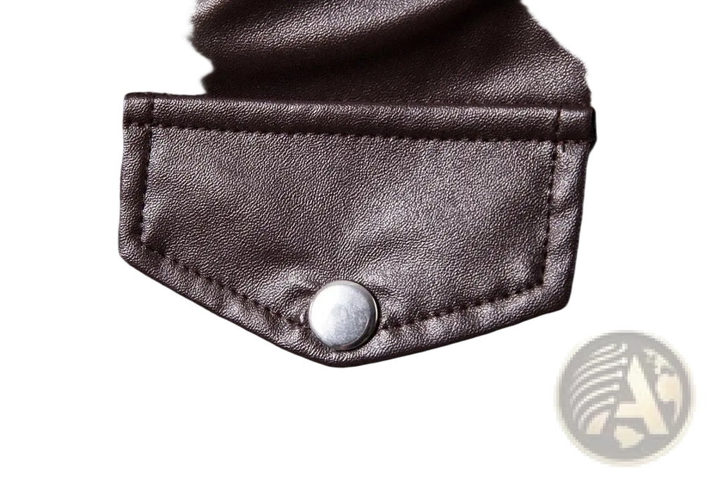 Dark brown faux leather patch pocket with silver-toned button on men leather motorcycle biker jacket vintage plus size