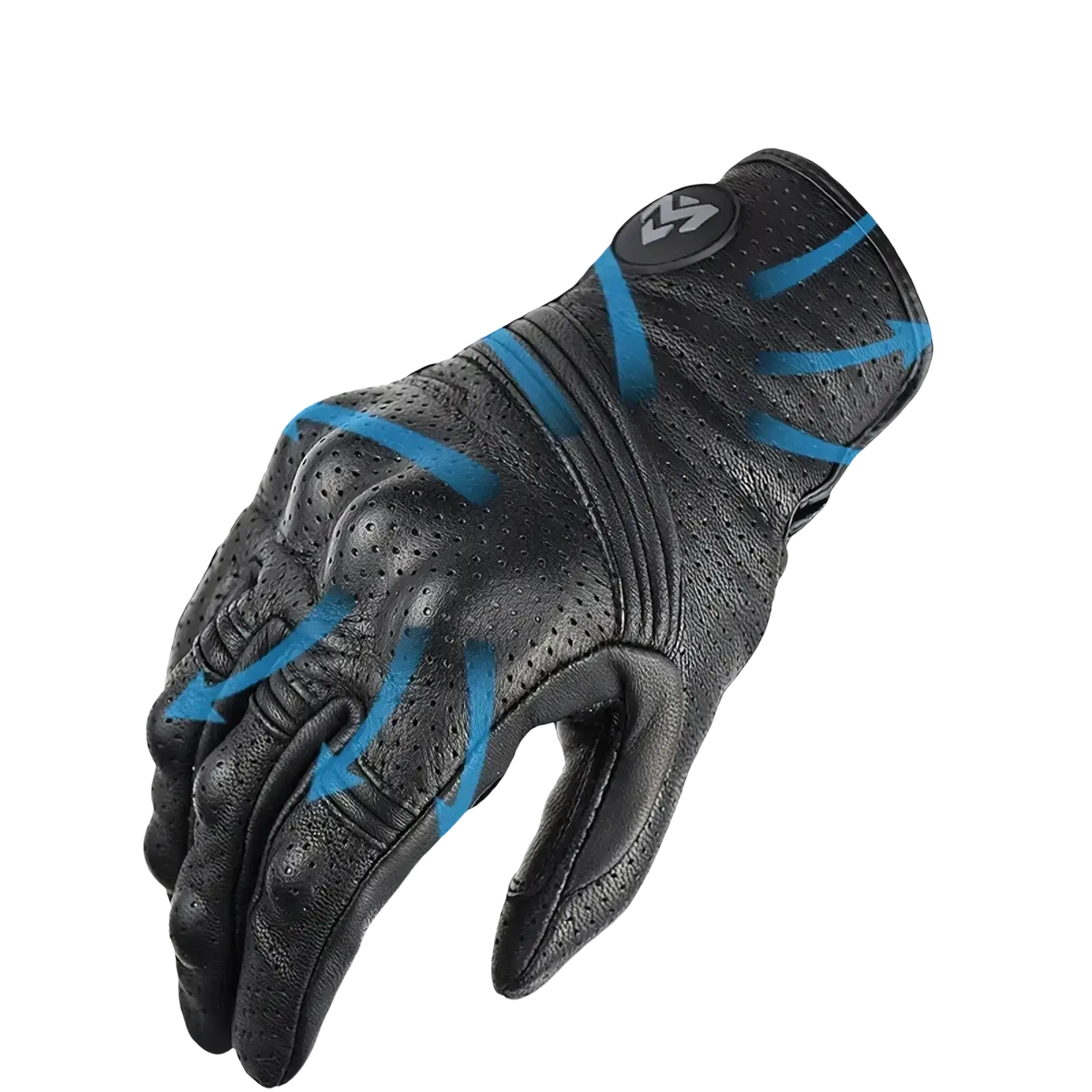 Black breathable perforated leather motorcycle gloves with reinforced stitching and branded logo on the wrist back side