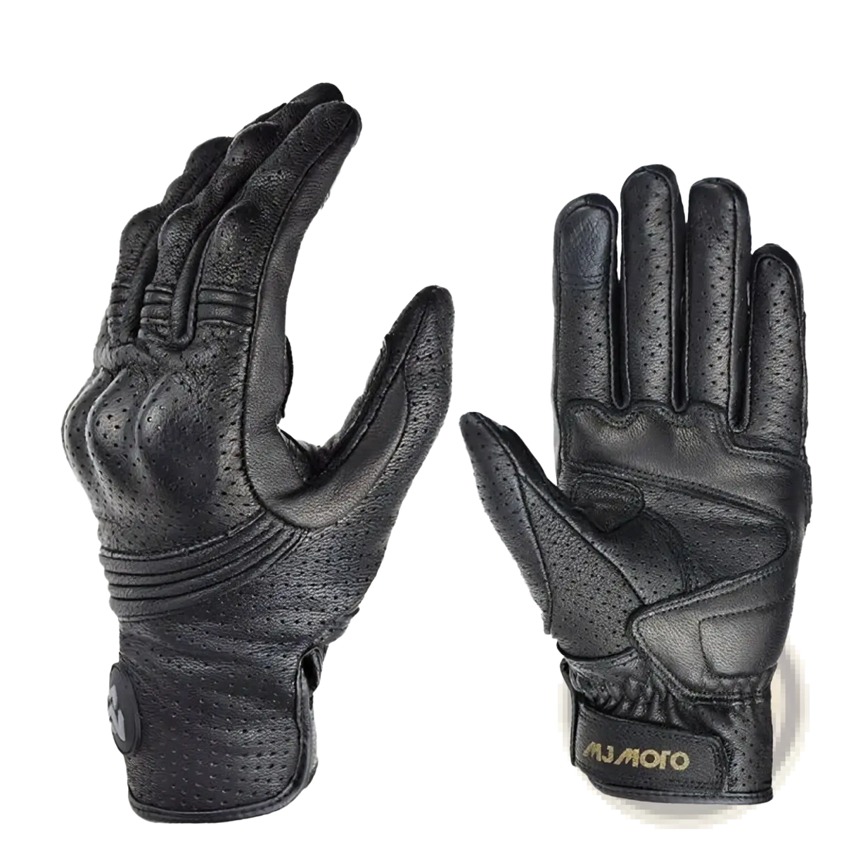 Black leather men motorcycle gloves with breathable perforated fingertips and reinforced padding featuring mjmoto logo