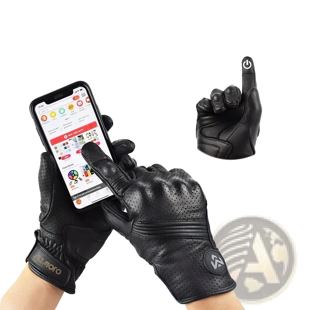 Black leather motorcycle gloves for men with breathable perforated fingertips and touchscreen-compatible design shown from back side