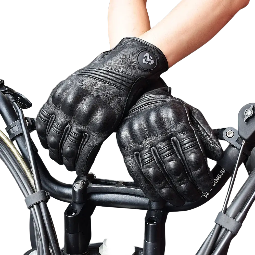 Black leather men motorcycle gloves breathable perforated with reinforced knuckle padding and wrist logo patch back view