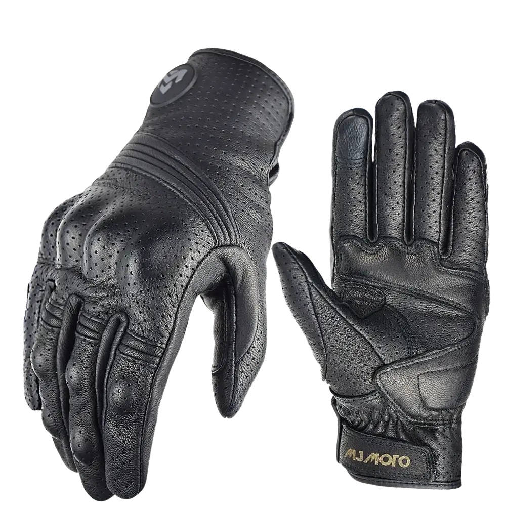 Black leather men motorcycle gloves with breathable perforated detailing and reinforced stitching on the back side