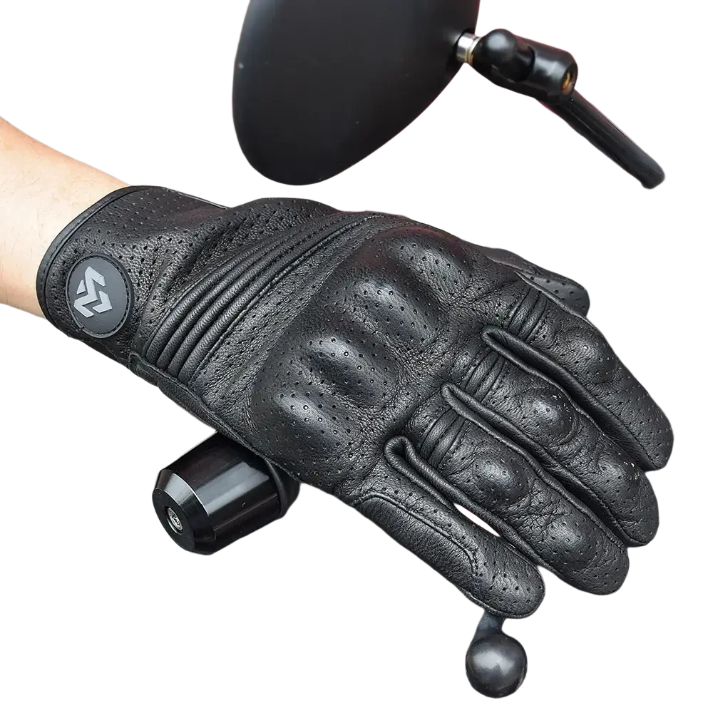 Black leather men motorcycle glove showing back side with breathable perforated palm and reinforced knuckles