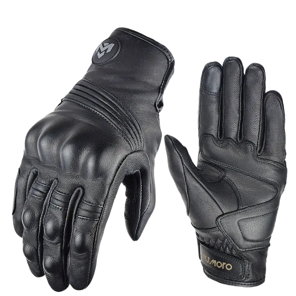 Black leather men motorcycle gloves breathable perforated with reinforced padding on knuckles and fingers back view