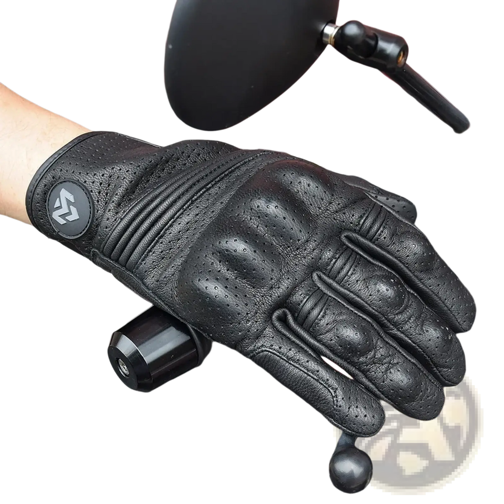 Black leather men motorcycle glove showing back side with breathable perforated palm and reinforced knuckles