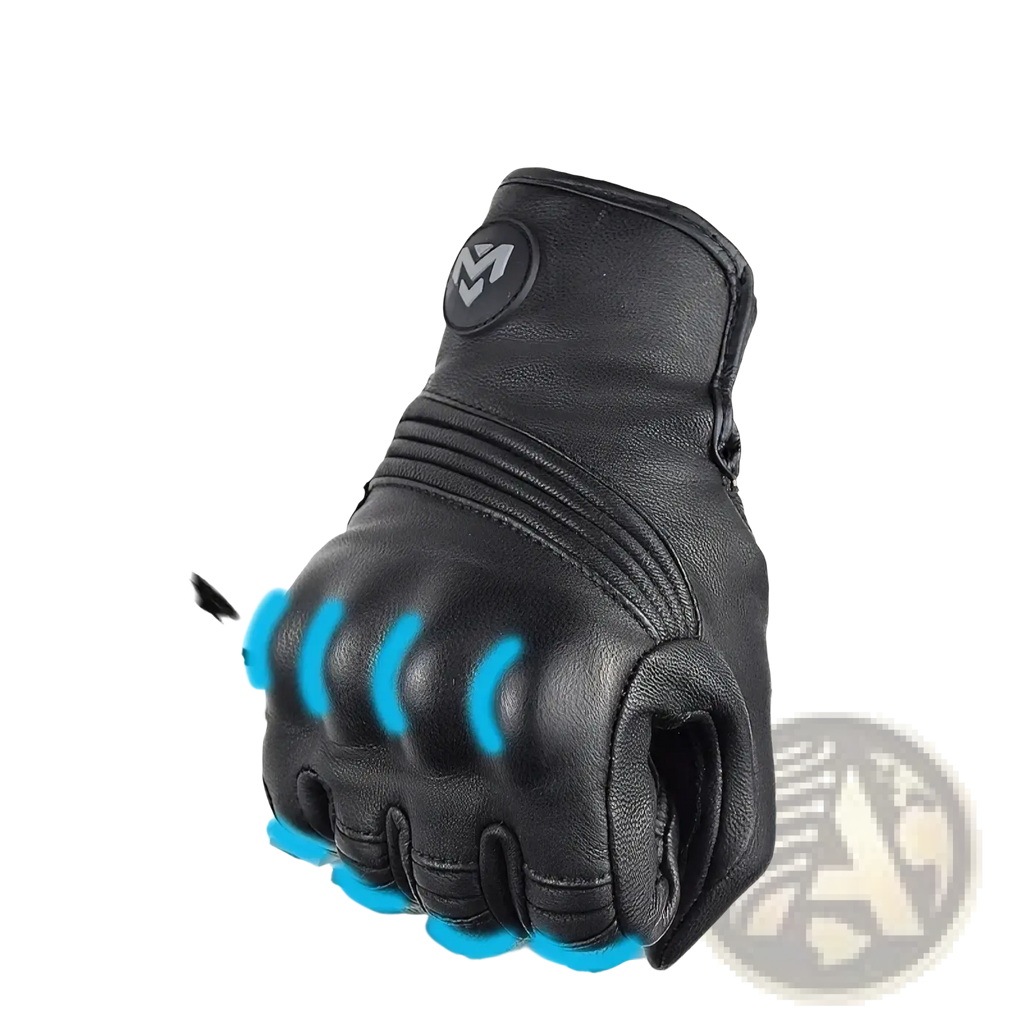 Black leather men motorcycle glove breathable perforated with reinforced padding and circular logo on back side