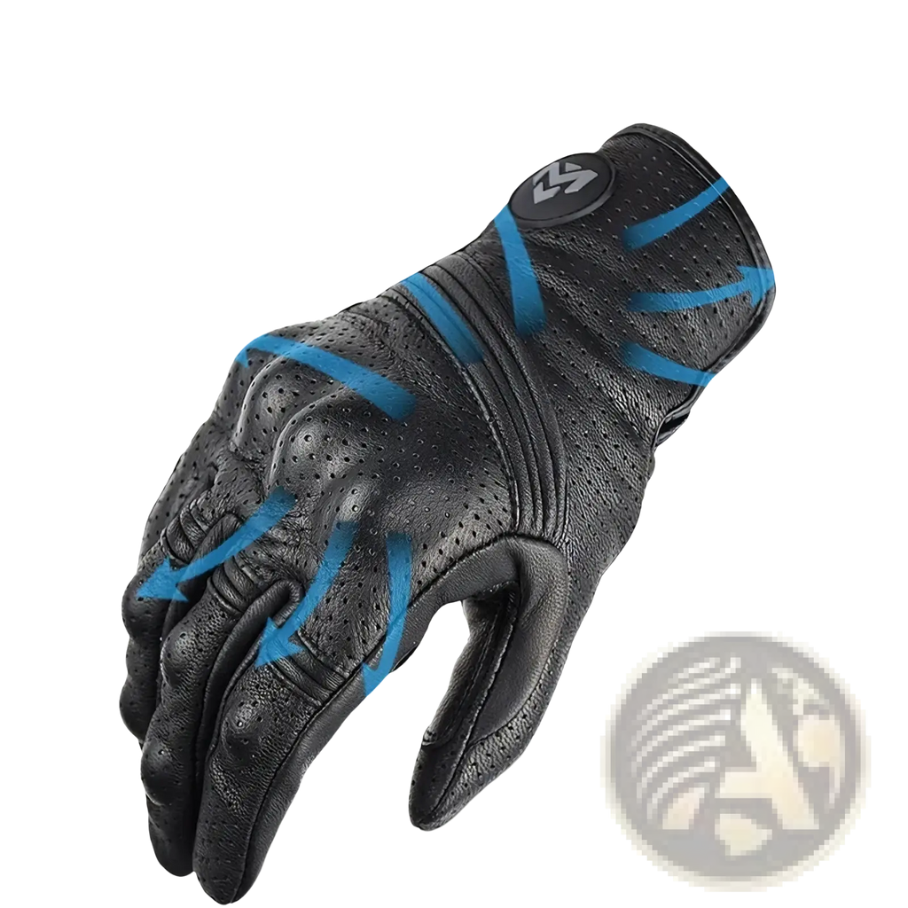 Black perforated leather motorcycle glove with breathable design shown from the back side for men riding use