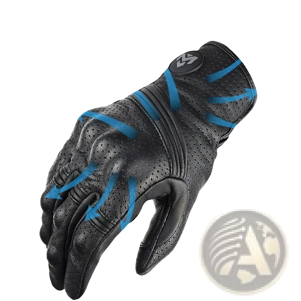 Black perforated leather motorcycle glove with breathable design shown from the back side for men riding use