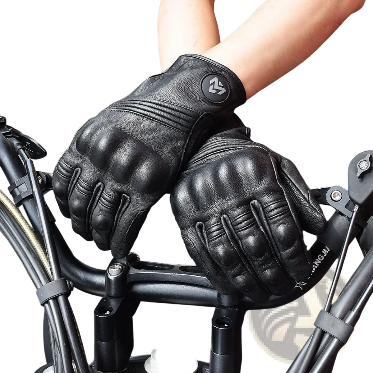 Black leather men motorcycle gloves breathable perforated with reinforced knuckle padding and wrist logo patch back view
