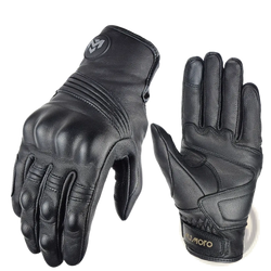Black leather men motorcycle gloves breathable perforated with reinforced padding on knuckles and fingers back view
